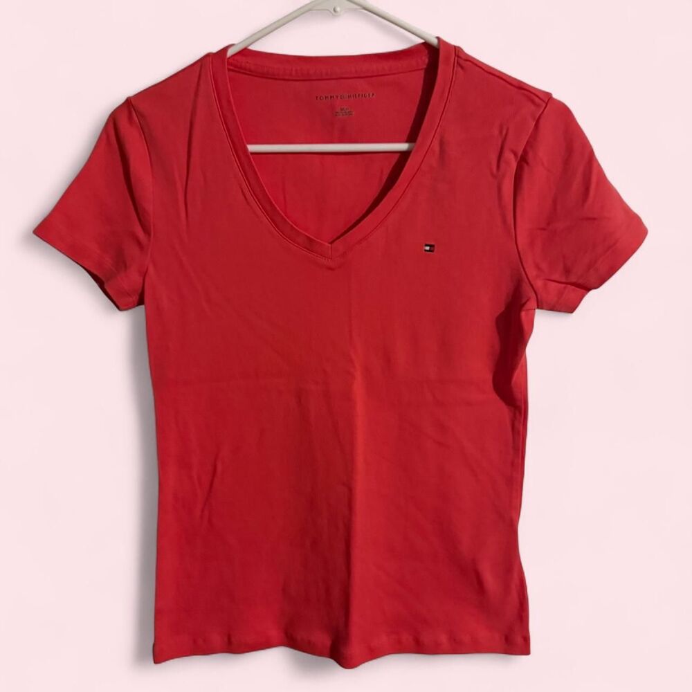 Tommy Hilfiger tee shirt womens S pink v neck casual embroidered basic top